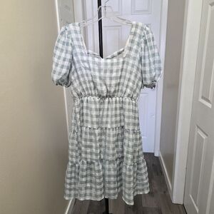 Mine Blue and White Tiered Puff-Sleeve Dress